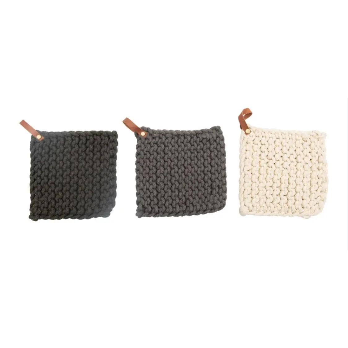 8” Crocheted Cotton Pot Holders w/Leather Loop