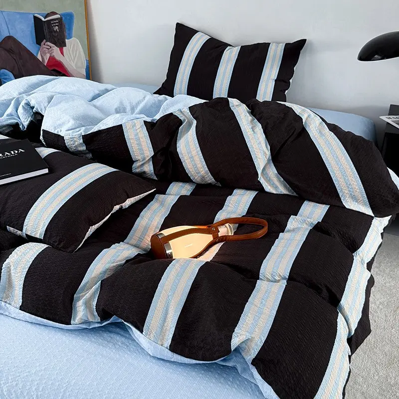 Blue Vertical Stripe Breathable Twin Double Queen Bedding Set, Soft Skin-Friendly Four-Seasons Duvet cover set Include 1 Duvet Cover + 2 Pillowcases