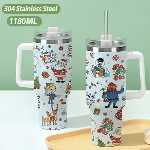 40oz large capacity car watter bottles with lid and handle, 304 stainless steel insulated tumbler with Joyful Christmas characters and holiday elements, suitable for car, office, travel and christmas gift