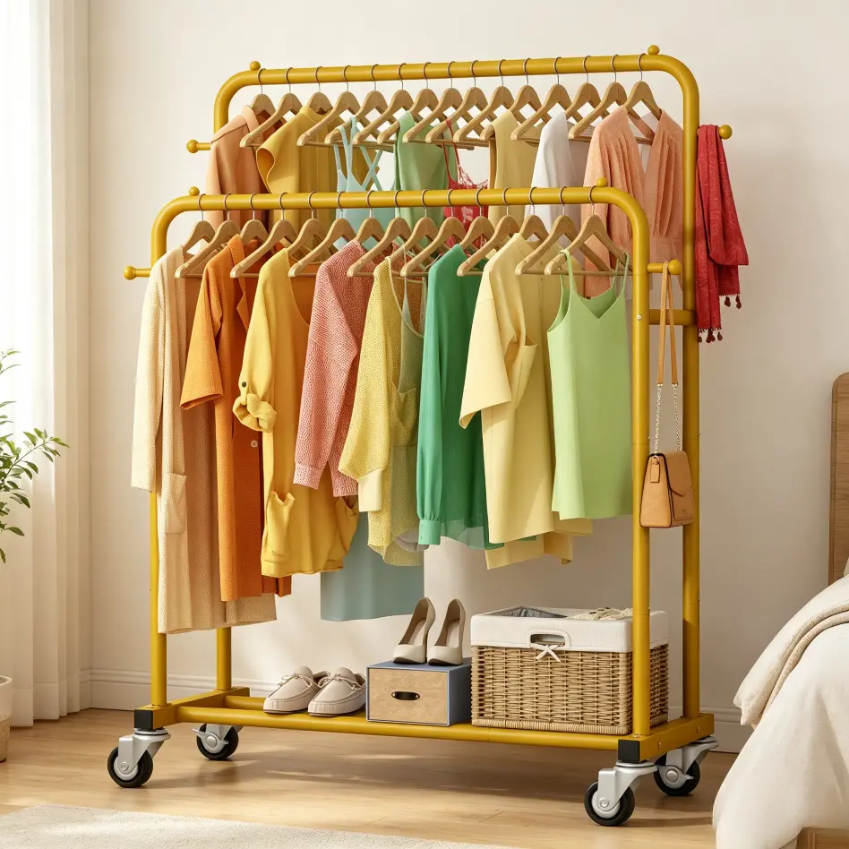 UDEAR Multi-functional Double Rod Garment Rack with Wheels & Side Hooks, Rolling Clothes Organizer, Freestanding Clothing Hanging Rack with Bottom Storage for Bedroom Entryway Laundry