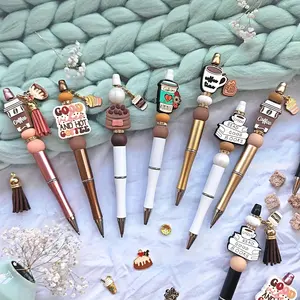 12-Piece Coffee Culture DIY Bead Pen & Tassel Pendant Set, Beaded Tassel Charms, Jewelry Making Kit, Creative Handmade Materials, Perfect Gift for Coffee Lovers