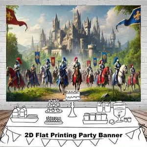 2D Flat, 1pc Medieval Crusade Castle Banner - Knights & Castle Backdrop with Blue/Red Nobility Colors - Durable Polyester Indoor/Outdoor Party Decorations for Birthday, Wedding, Medieval Themed Events - Easy Hang No Electricity Needed - Best Gift for