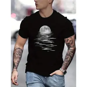 1pc Minimalist] Men'S Fashion Moon Print T-Shirt, 100% Cotton Crew Neck Short Sleeve Casual Tee, Versatile Streetwear Top for Spring/ Summer