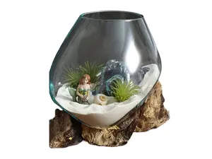 Teak Wood Terrarium Hand Blown Glass & Teak Wood Root, Terrarium Container, Fish Bowl, Betta Fish Bowl, Plants, Sculpture, Gift