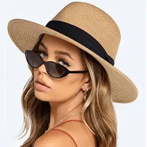 Straw hat in European and American style, flat brim jazz hat, unisex versatile Panama summer travel sun hat
