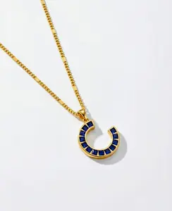 Gold Stainless Steel Horseshoe Necklace / Letter C Initial Pendant with Blue Stones