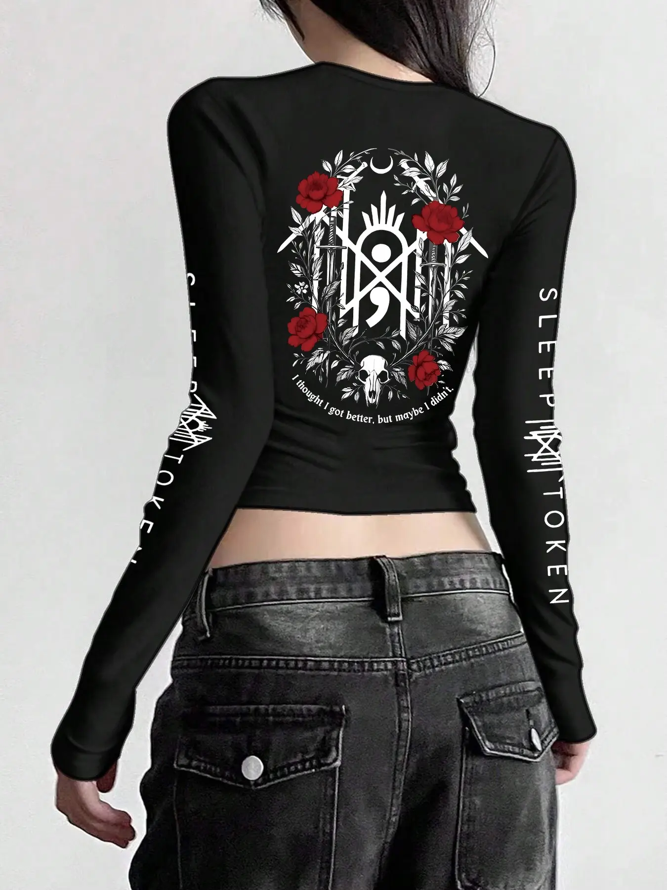 Women's Slim Fit Short Sleeve Top, Chic Fashion Graphic Print, Perfect for Punk Style, Casual All-Season Wear, Trendy Ladies' Clothing, Crop Top