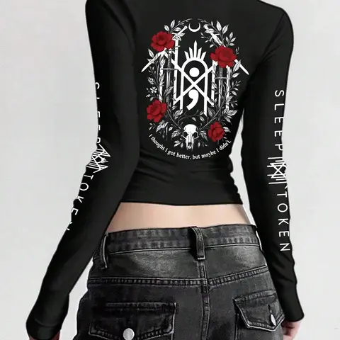 Women's Fall Slim-Fit Long Sleeve Top, Fashion Graphic Design, Perfect for Punk Style, Casual Wear, All Seasons, Womenswear