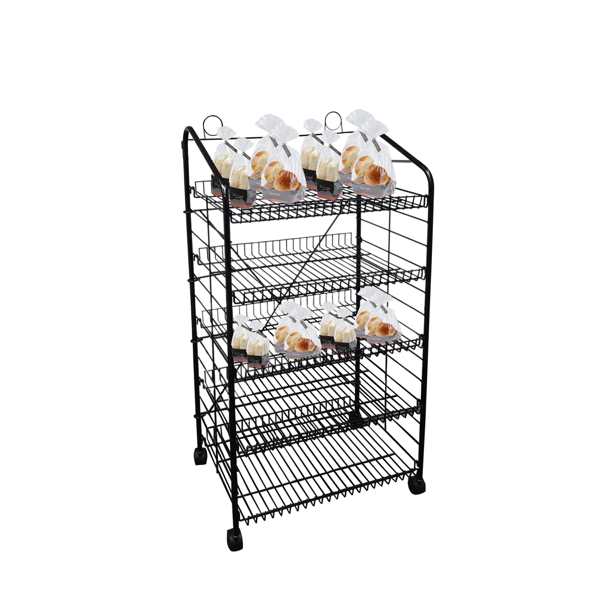 FixtureDisplays® 24.8" X 16.5" X 48" Bakery Display Rack w/Wheels, 5 Adjustable Shelves & 2 Sign Holders - Black  19409-NF