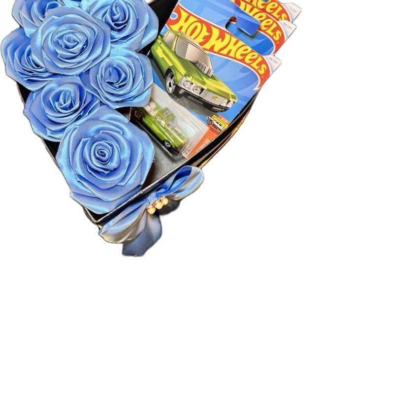 Valentine’s Day gift Heart shape box with blue eternal ribbon roses and hot wheels. Gift for man, for boyfriend, for husband. Gift for Valentine’s Day , birthday, anniversary , Father’s Day