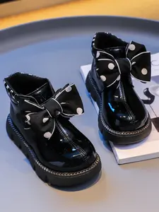 Children Bow Tie Leather Boots, Spring Summer 2026, Girl Princess Short Boots, Anti-Slip Soft Sole, Mid-Calf, All Seasons, Bow Detail Boots, Slip Resistant Boots