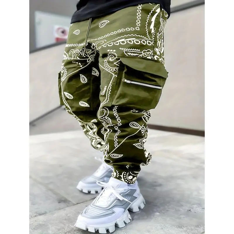Men's Paisley Print Harem Cargo Pants - Loose Fit, Multi-Pocket Street Style, Random Zipper and Print Men's Jeans