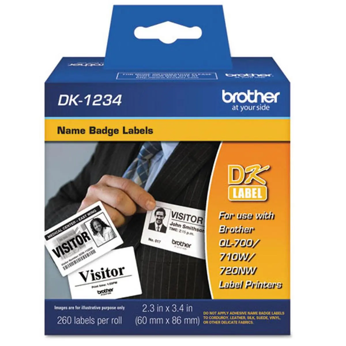 Brother 2.3x3.4" Adhesive Name Badge White Paper Labels for QL Label Printers, 260 Labels Per Roll
