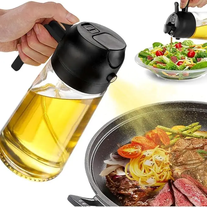 Oil Dispenser & Sprayer - 16oz/470ml 2-in-1 Glass Oil Container for Cooking, Air Fryer, Salad, BBQ, and Kitchen Use   Utensils