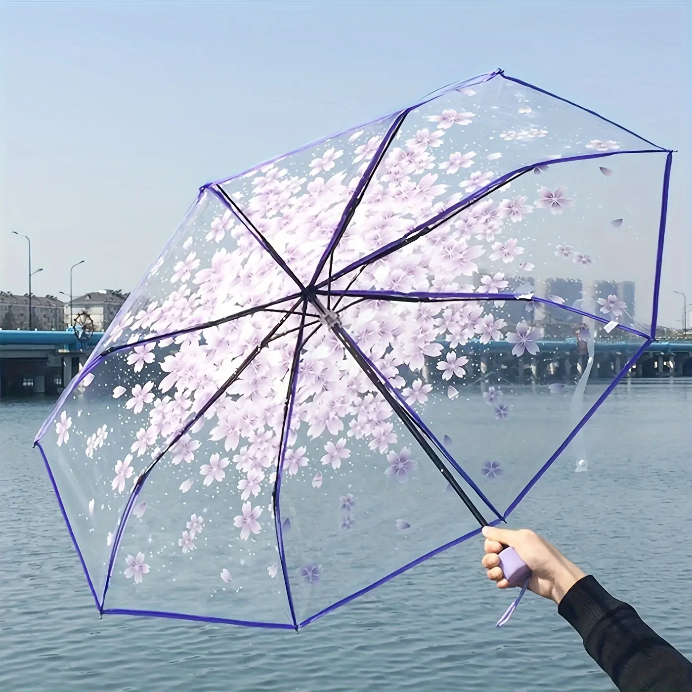 Pink Cherry Blossom Umbrella - Unisex Transparent Manual 8-Rib Folding Accessory for Traveling and Outdoor Use, Compact, Floral Print, Portable, 8 Ribbed