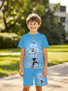 Boys' 3D Short Sleeve Set Messi Argentina No. 10, Casual Slim-Fitting, All over Print, Outdoor Wear, Perfect Gift for Holidays & Birthdays