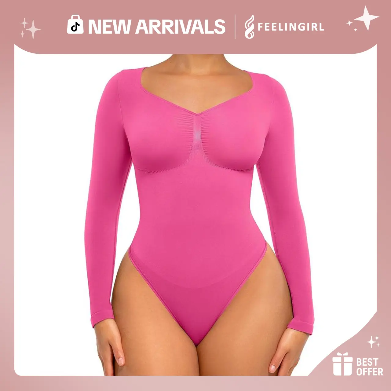 FeelinGirl Women's Seamless Shaping Long Sleeve Thong Bodysuit for Tops and Comfortable Underwear Lady newarrivals#SohoChic
