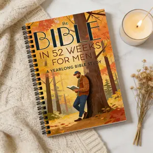 Premium Spiral Bible Study Workbook 'The Bible in 52 Weeks for Men' – Durable Binding, Warm Rustic Forest Illustration, Structured Weekly Layouts for Scripture Reading, Reflection & Prayer, Ideal for Personal Worship, Men’s Bible Study Groups
