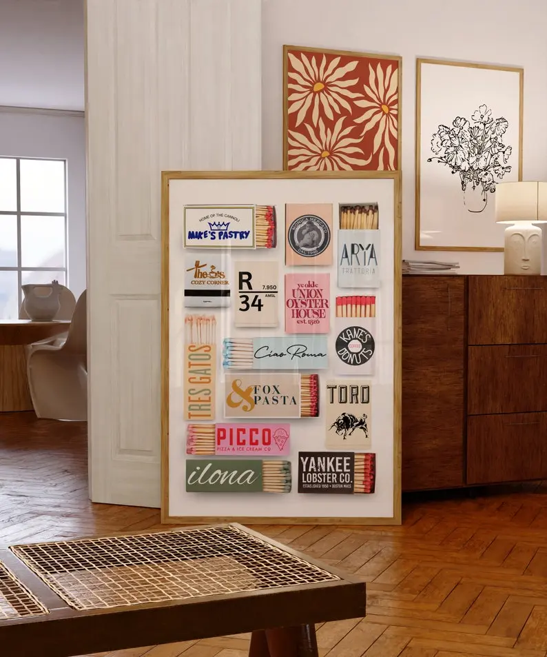 Boston Restaurants Matchboxes & Matchbooks Collage Poster, Wall Décor, Gift Poster, Room