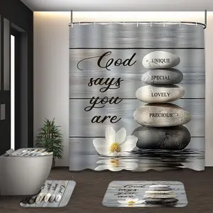 LVRLVR 4Pcs God Says You Are Stone Flower Print Modern Minimalist Grey Shower Curtain Set Bathroom Decoration Accessories 70.8×70.8 Inch
