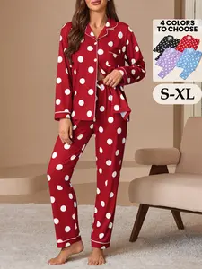 Women's Polka Dot Sleepwear Set, Matching Pj Set, Long Sleeve & Pants, Casual Fitted Pajamas, Button-Up Top, All Seasons, Perfect Gift for Valentine's Day  and Mother's Day