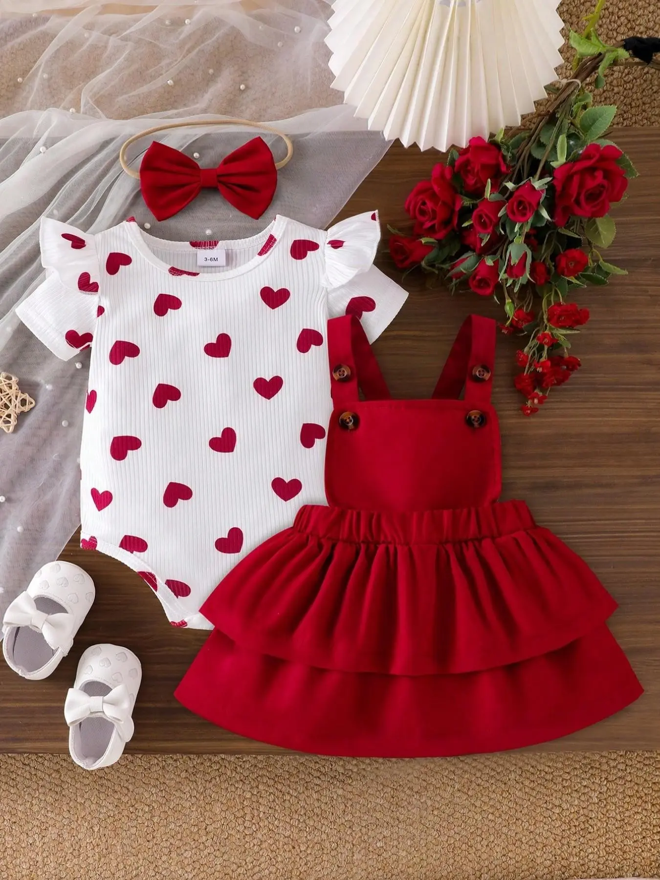 Baby Girl Romantic Princess 3-Piece Set, Baby Clothing, Heart Print Sleeveless T-Shirt, Romper, Tutu Skirt, Bow Headband, Cute for Girls, Special Gift Set, Outfits