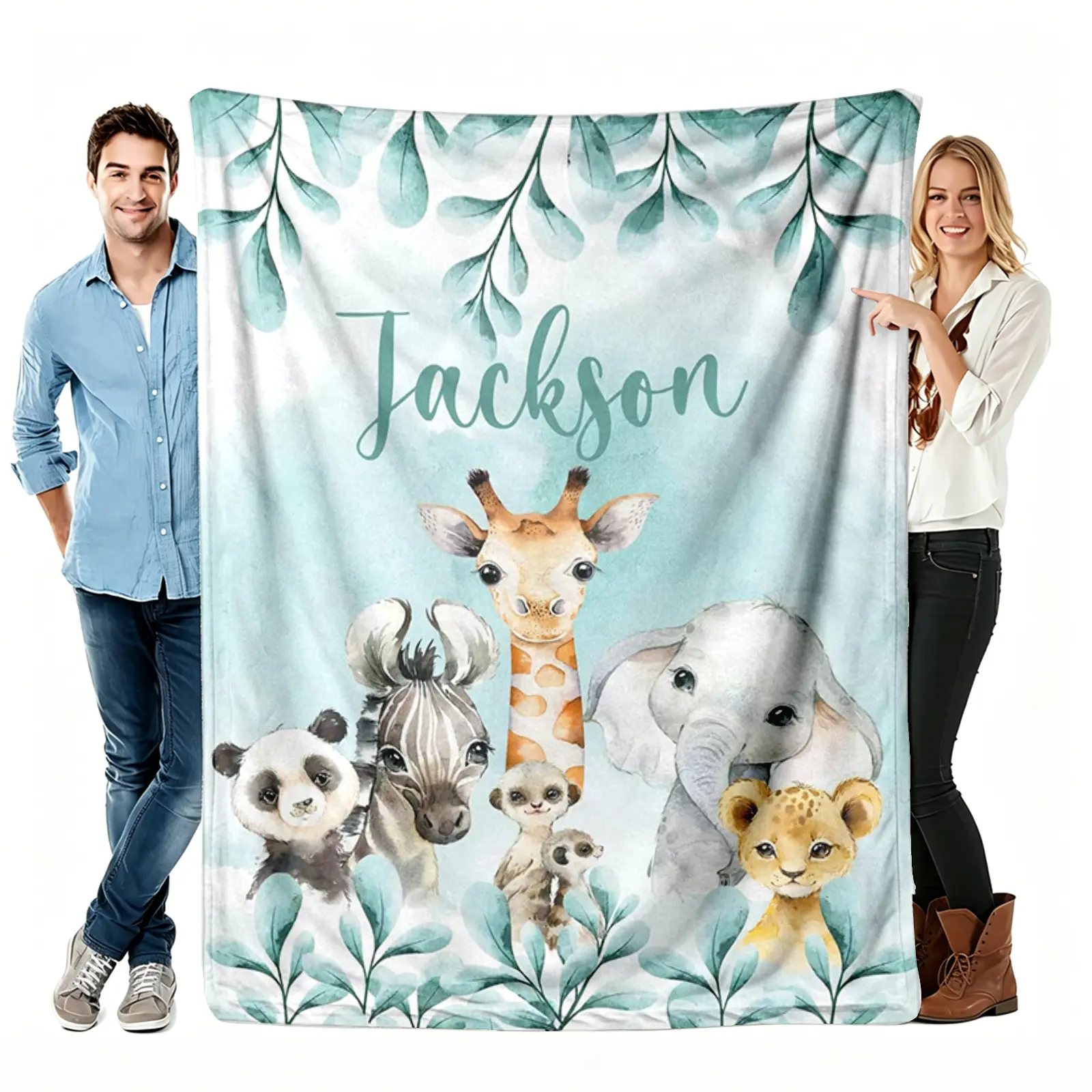 【Summer Sale Deals】Customized Flannel Throw Blanket - Watercolor Jungle Safari Animal Nursery Soft Cover, Crib/Stroller Use, Newborn Gift, Baby Shower Keepsake Home Decor, Customized Blanket, Flannel Throw Blankets