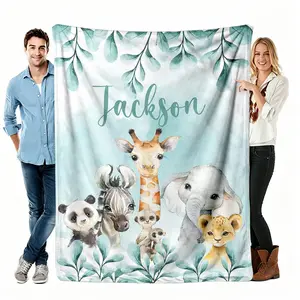 Personalized Baby Blanket Flannel, Watercolor Jungle Animals Nursery Soft Throw, Cozy Blanket For Crib Stroller Car Seat, Newborn Gift For Baby Boy Girl, Safari Animal Baby Shower Keepsake Home Decor