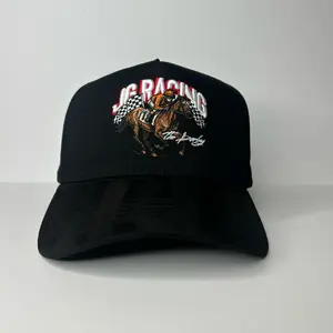 JG Racing SnapBack Hat with Horse and Checkered Flag Design Black Trucker Cap