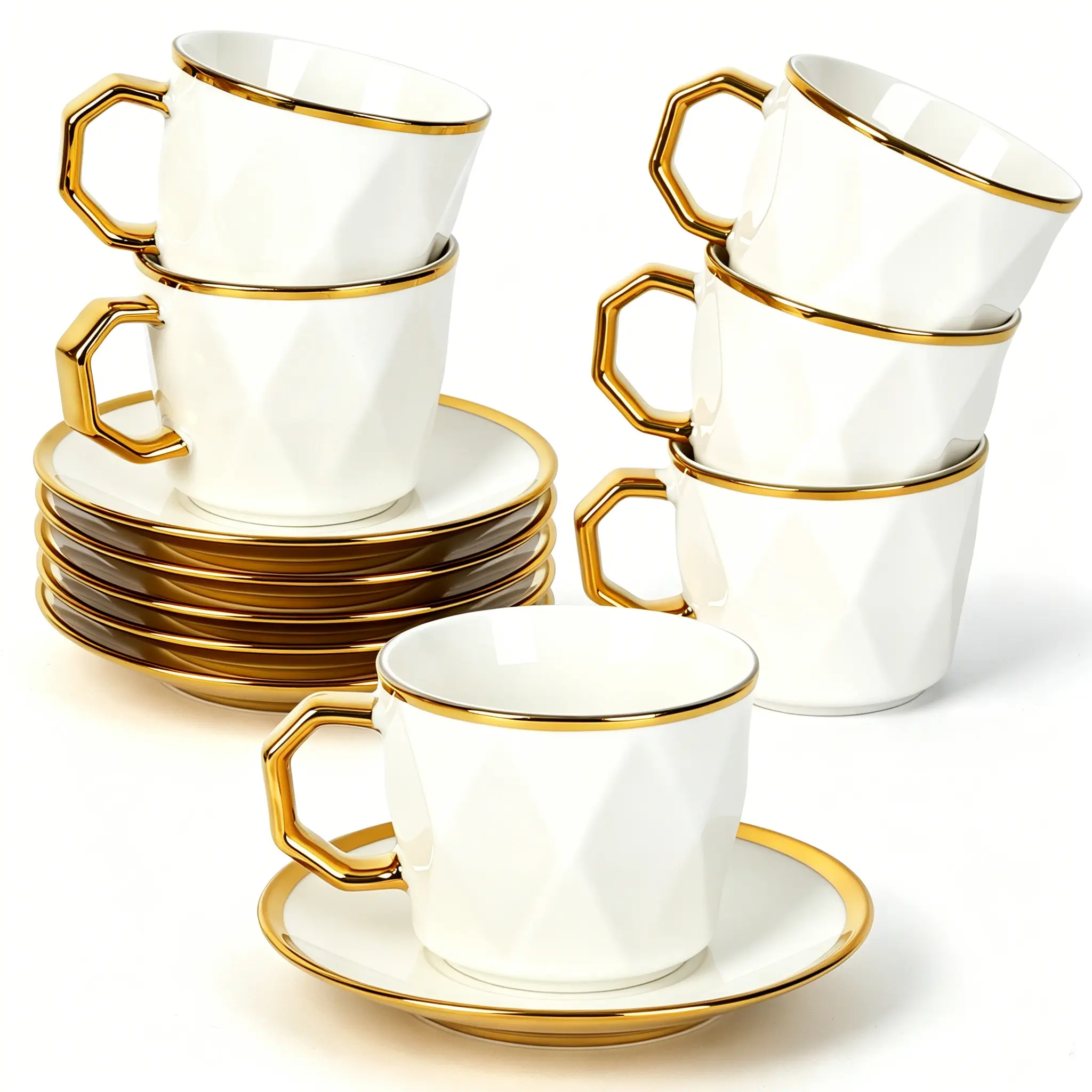 Coffee Cup Set of 6 with Saucers, 3.5 OZ Ceramic Espresso Cups, Turkish Coffee Cup Set for Cappuccino, Latte, Cafe Mocha and Tea, Dishwasher & Microwave Safe