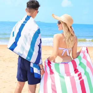 【Summer Vibe】Exclusivo Mezcla  ４ Pack Super Absorbent Beach Towel，100% Microfiber, Ultra-Light Cabana Stripe for Summer Travel, Pool & Bath, No Sand Sticking + Carry Pouch Included bags, Oversized (30"x60")