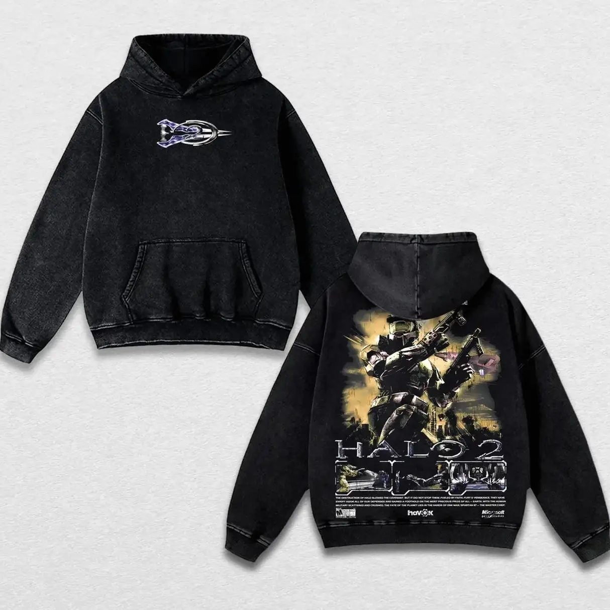 Halo 2 Master Chief Legacy Edition Washed Hoodie & T-Shirt – Vintage Acid Washed Oversized Gaming Graphic Top, Retro Streetwear Cotton Pullover & Tee, Unisex Gift for OG Xbox Fans YIJ