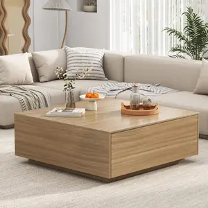 Square Coffee Table with Storage, Modern Large Square Center Table with 2 Drawers, Wood Coffee Table for Living Room, Walnut/Light Brown