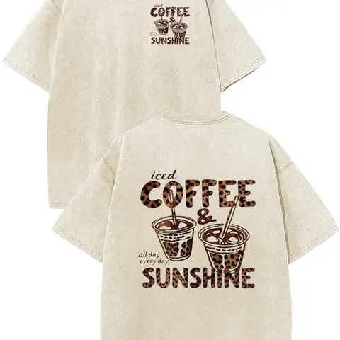 Holafish "Iced Coffee & Sunshine" Leopard Print Acid Wash Vintage T-Shirt, Heavyweight Cotton Streetwear Graphic Vintage Tees Menswear Womenswear Crewneck Tshirt