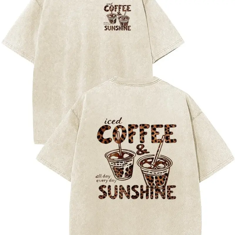 Holafish "Iced Coffee & Sunshine" Leopard Print Acid Wash Vintage T-Shirt, Heavyweight Cotton Streetwear Graphic Vintage Tees Menswear Womenswear Crewneck Tshirt