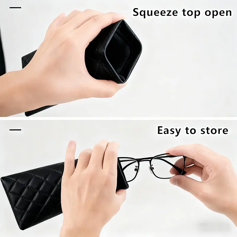 Black Eyeglass Case, Soft Quilted Glasses Pouch with Snap Closure, Lightweight Portable Sunglasses Holder, Protective Eyewear Storage Bag for Women Men, Travel, Reading Glasses, Makeup Accessories & Small Items Organizer