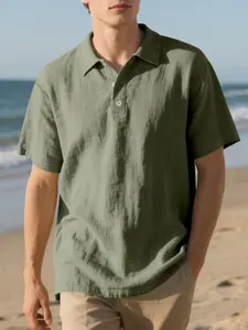 Men's Summer British Style Loose Fit Breathable Linen Casual Buttoned Polo Shirt Short Sleeve, Trendy and Comfortable