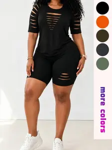2-Piece Plus Size Women's Hollow Out Ripped Set, Short Sleeve Top + High Waist Bike Shorts, Summer Party Club Streetwear Womenswear Clothes