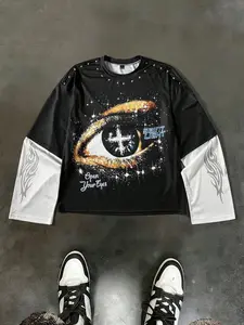 Men's Street Style Streetwear Printed Patchwork Sleeve Loose Long Sleeve T-Shirt, Casual Fashionable, Casual Fashion Top, Menswear Comfortable and Stylish, Perfect for Daily Wear