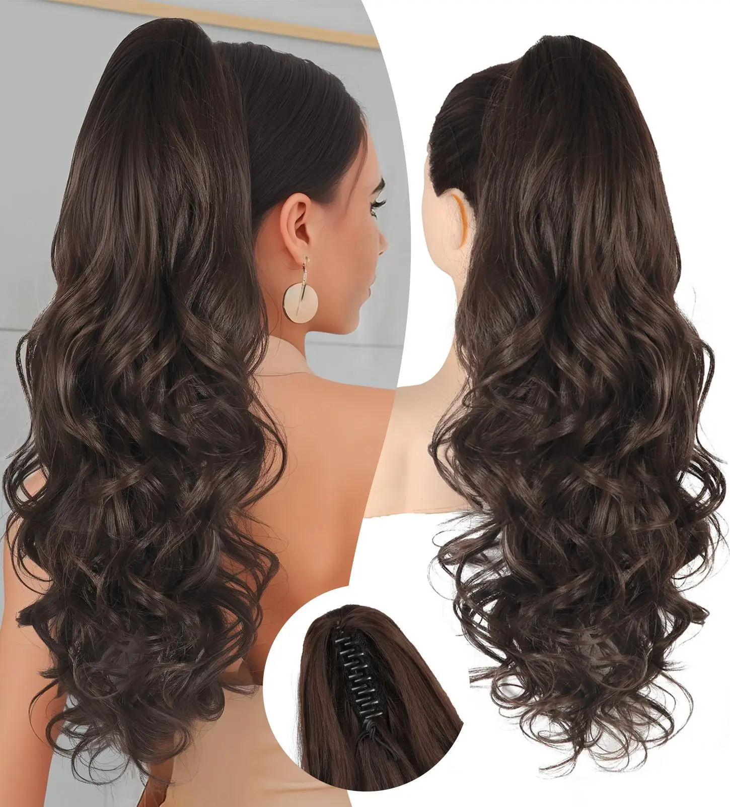 Ponytail Extension 24 Inch Claw Clip in Ponytail Extension for Women Long Curly Wavy Dark Brown Fluffy Hairpiece for Women Daily Free Shipping Party U