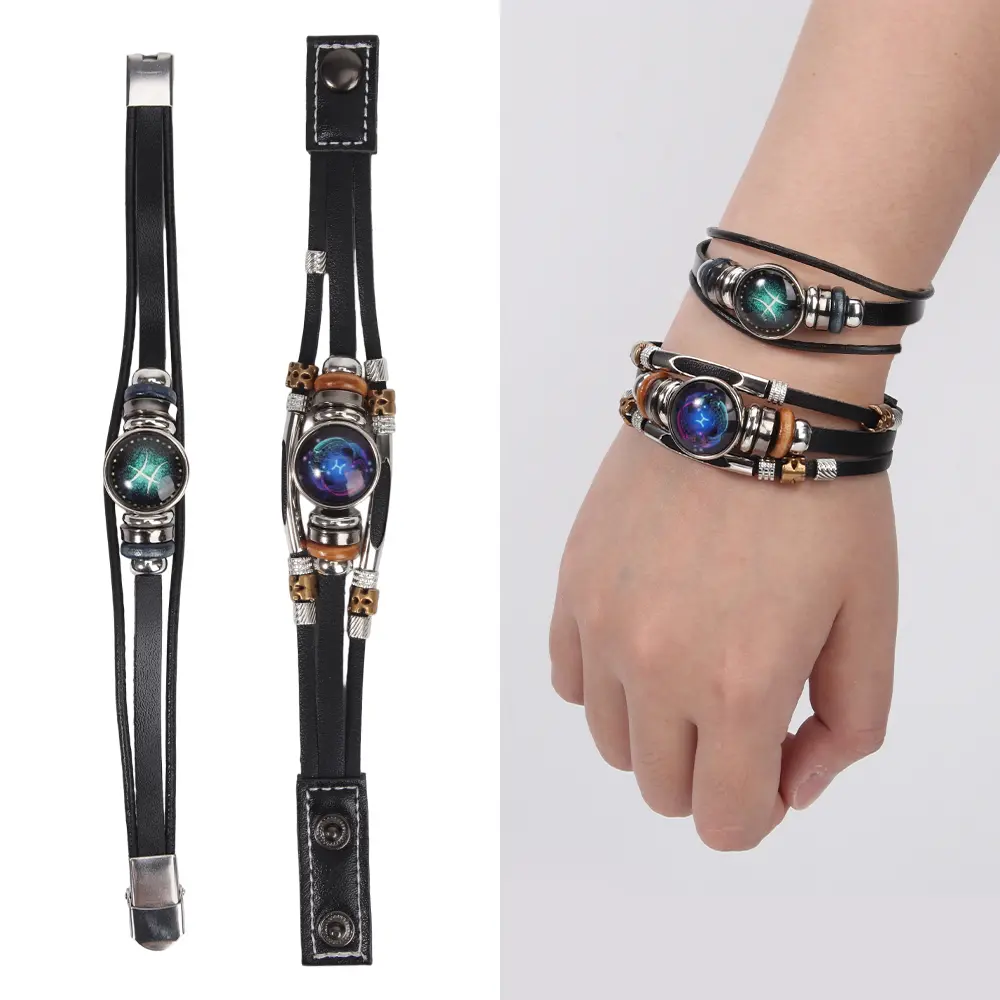 Women's Vintage Multi-Layer PU Leather Wrap Bracelet with Constellation Galaxy Glass Charm, Adjustable Wrist Jewelry, Wrap Around Bracelets & Bangles for Daily Wear & Party Gifting