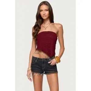 Textured Asymmetric Bead Fringe Strapless Top