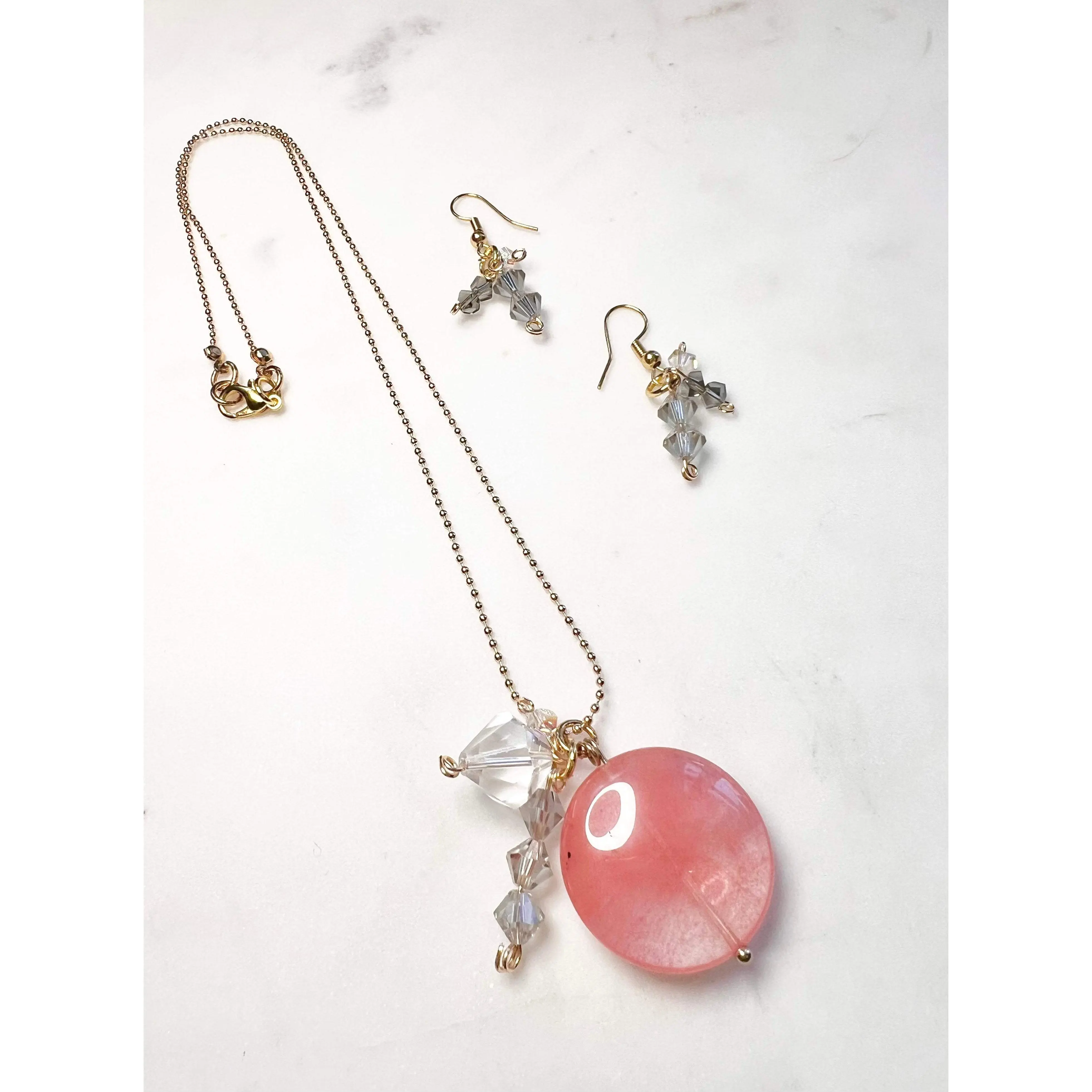 Cherry Quartz With Clear And Gray Crystals Necklace and Earring Set