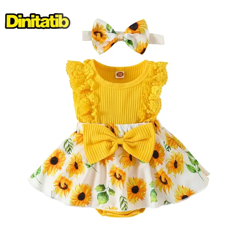 Newborn Gift Set Summer Gift Set Infa nt Baby Girls Patchwork Jumpsuit, 0-18 Months Flower Print Lace Sleeveless Round Neck Front Bowknot Romper + He