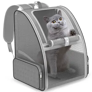 Pet backpack with a wraparound breathable mesh design and large storage pockets on both sides. It features built-in safety buckles and a foldable design for easy storage and space-saving design.