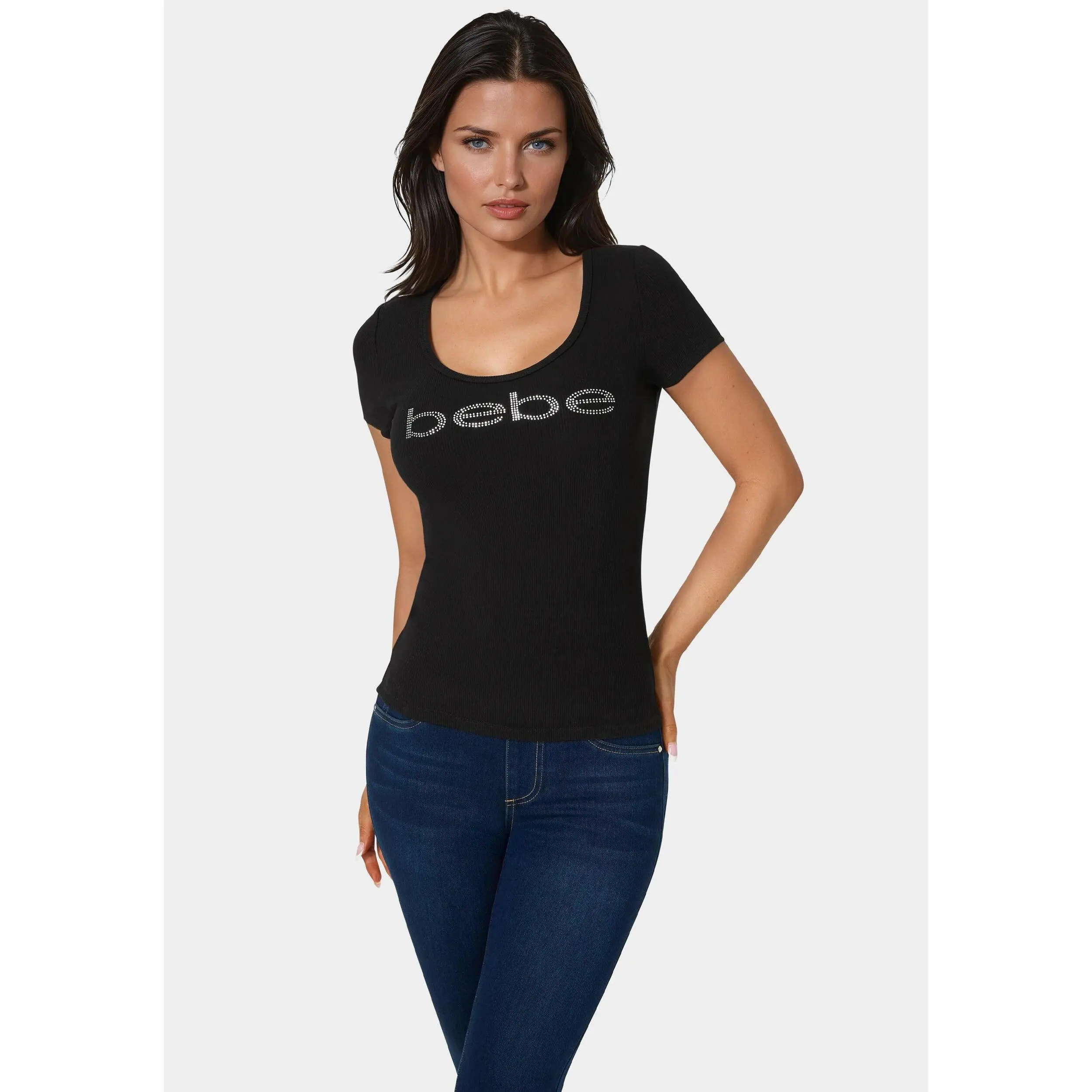 Bebe Logo Short Sleeve Round Neck Rib Top