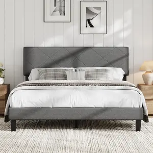 King Size Bed Frame with Upholstered Headboard, King Size Platform Bed Frame with Wooden Slat Support, Easy Assembly Platform Bed, No Box Spring Needed & Noise Free, Gray