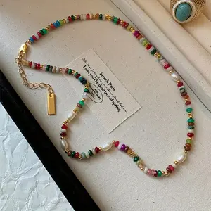 Colorful necklace, Bohemian style freshwater pearl and colorful natural stone necklace - vintage French bead collarbone chain, suitable for daily wear or gift giving