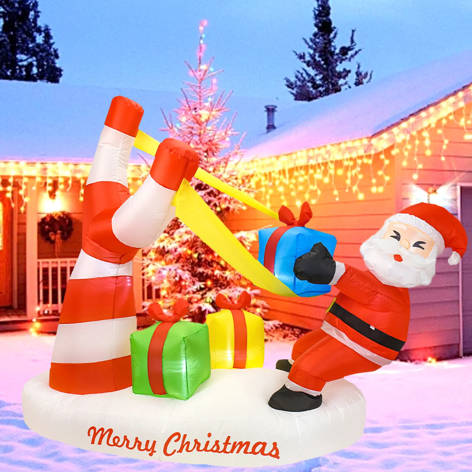 7.2FT Christmas Inflatable Santa Presenting Gifts with A Giant Slingshot Outdoor Decorations, Built in LED Lights, Blow up Christmas Decor for Winter Holiday Yard Lawn Garden Indoor