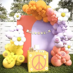 140 Pcs Coral, Orange, Yellow, Purple Daisy Flower Balloons Garland Balloon Arch with Paper Banner for Birthday, Summer & Halloween Decor